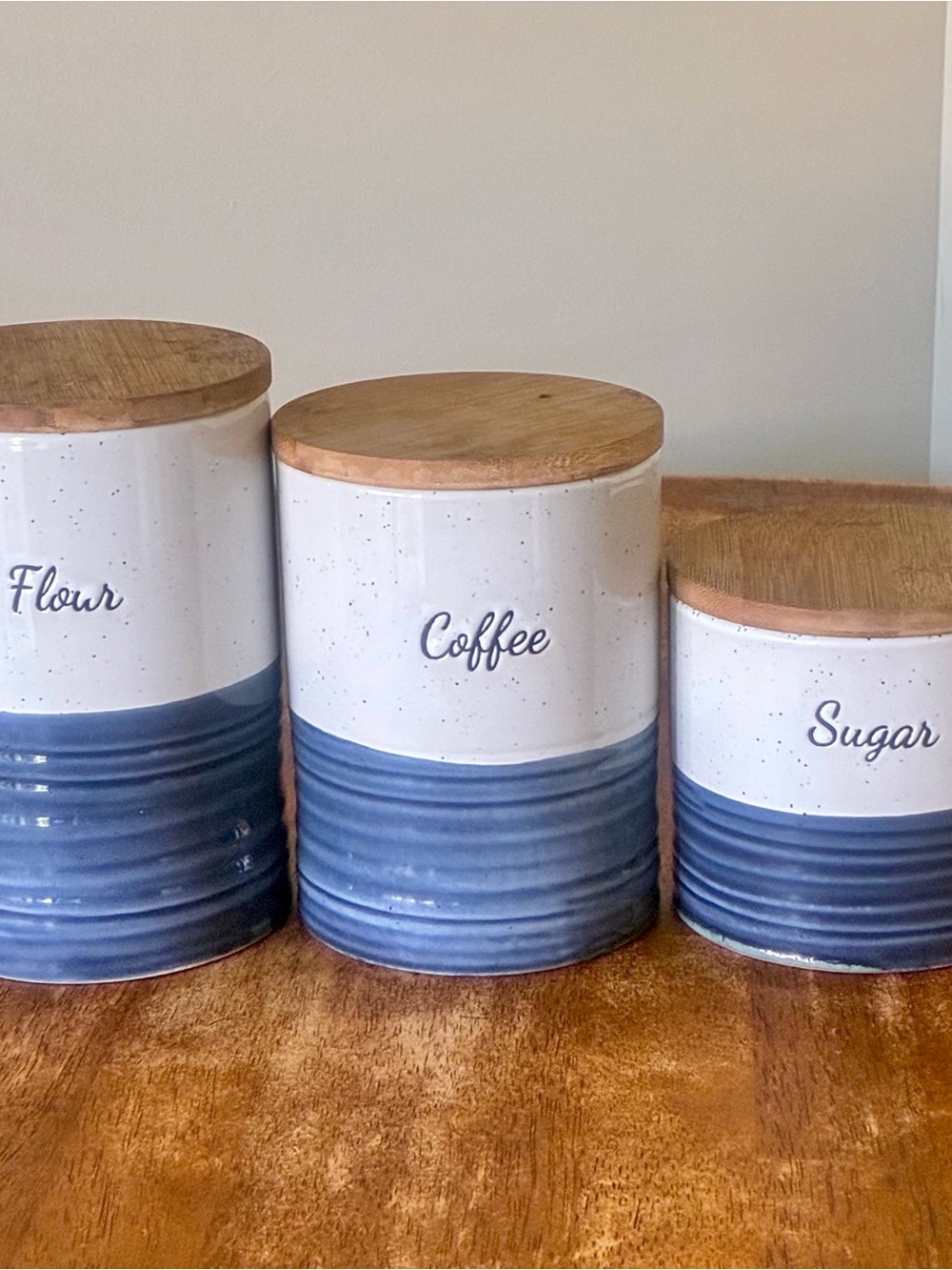 Sheffield Home Blue and White Ceramic Kitchen Canister Set with Wood Lids